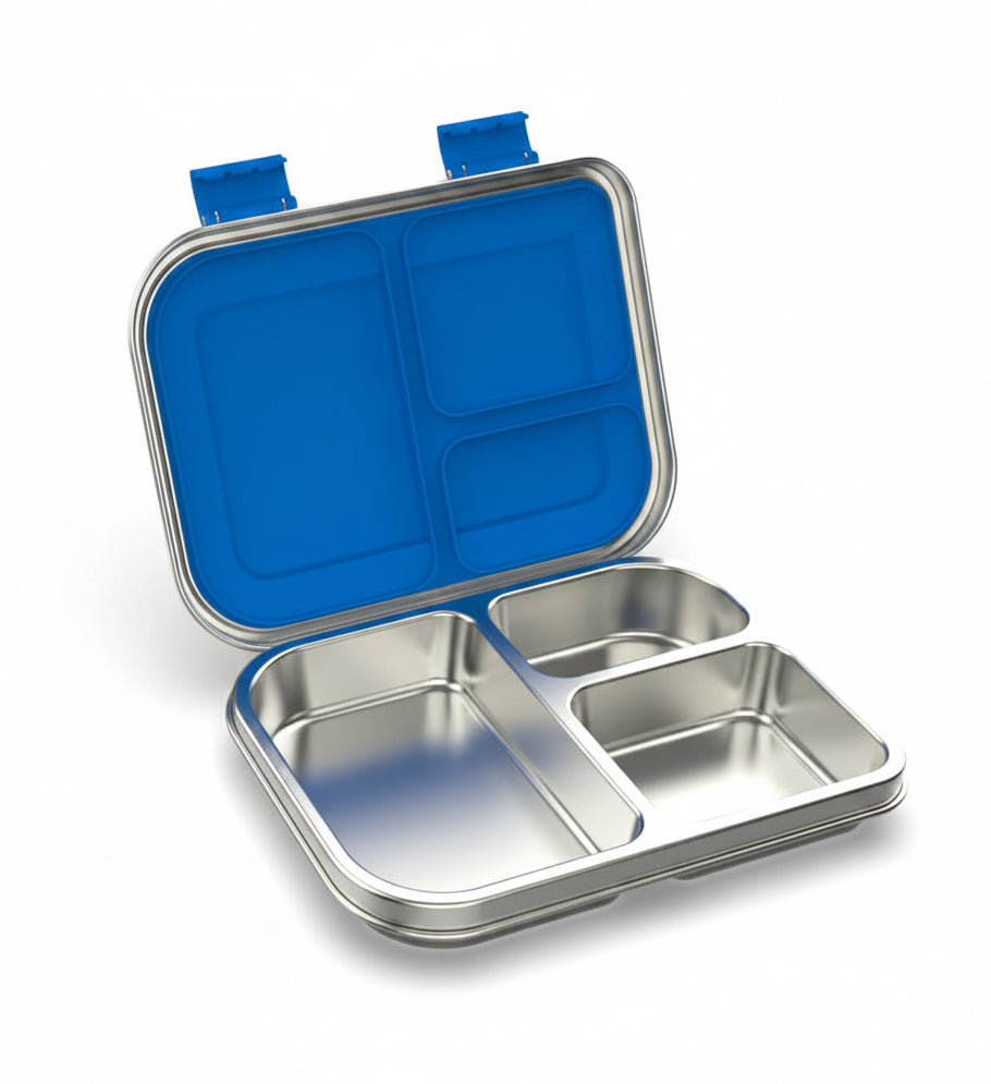 Die blaue Edelstahl-Lunchbox mit 3 Fächern