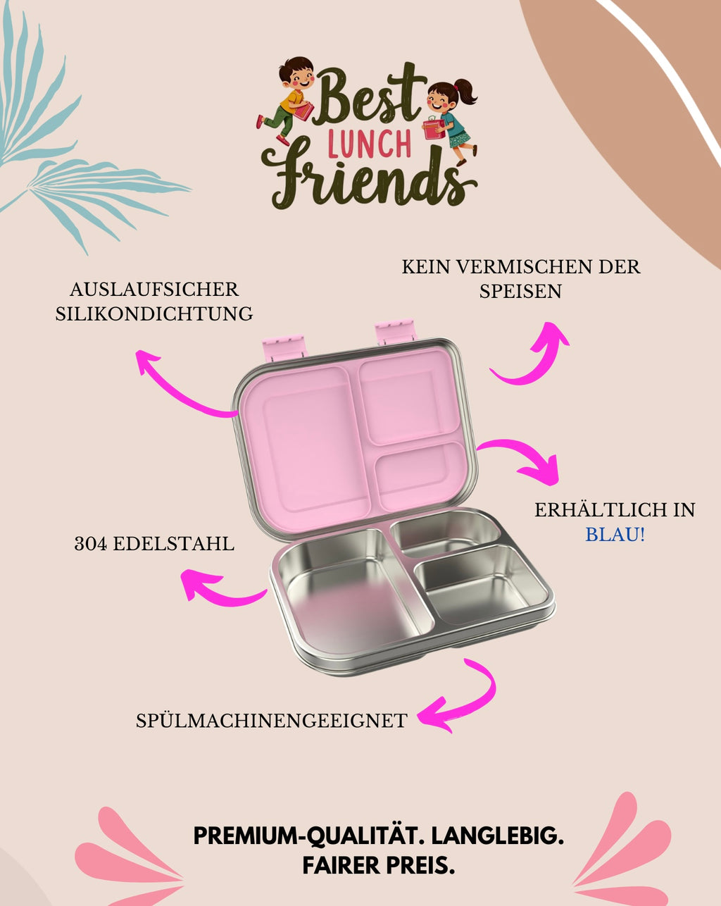 Die pinke Edelstahl-Lunchbox mit 3 Fächern