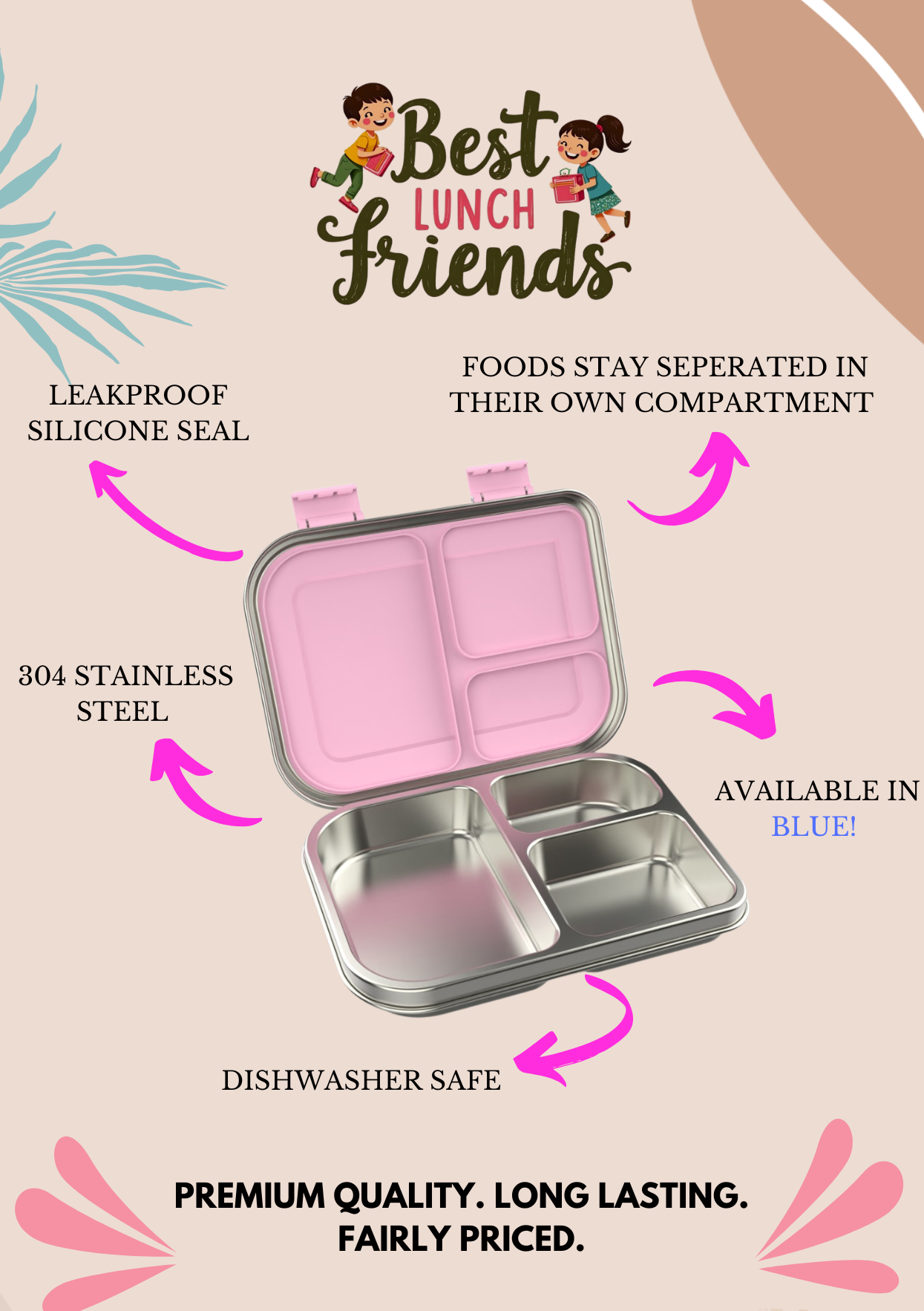 Die pinke Edelstahl-Lunchbox mit 3 Fächern