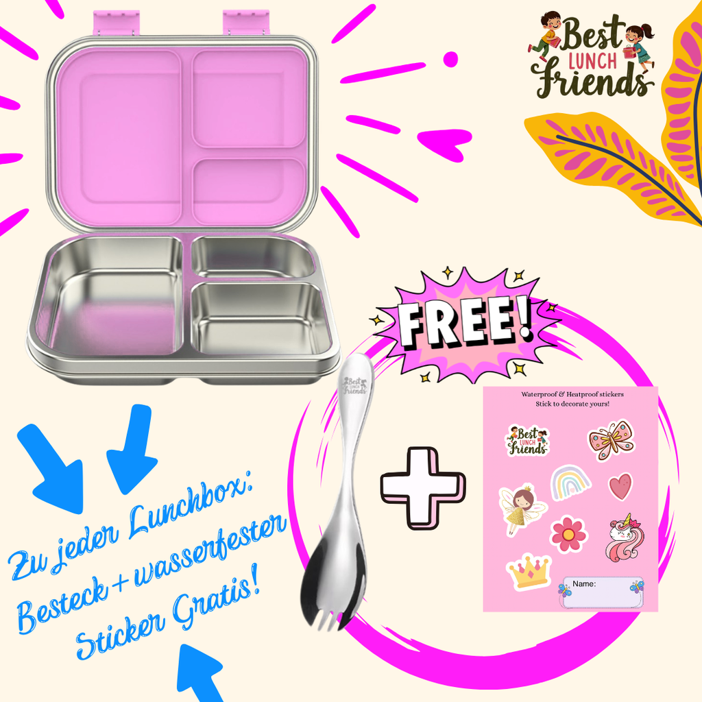 Die pinke Edelstahl-Lunchbox mit 3 Fächern